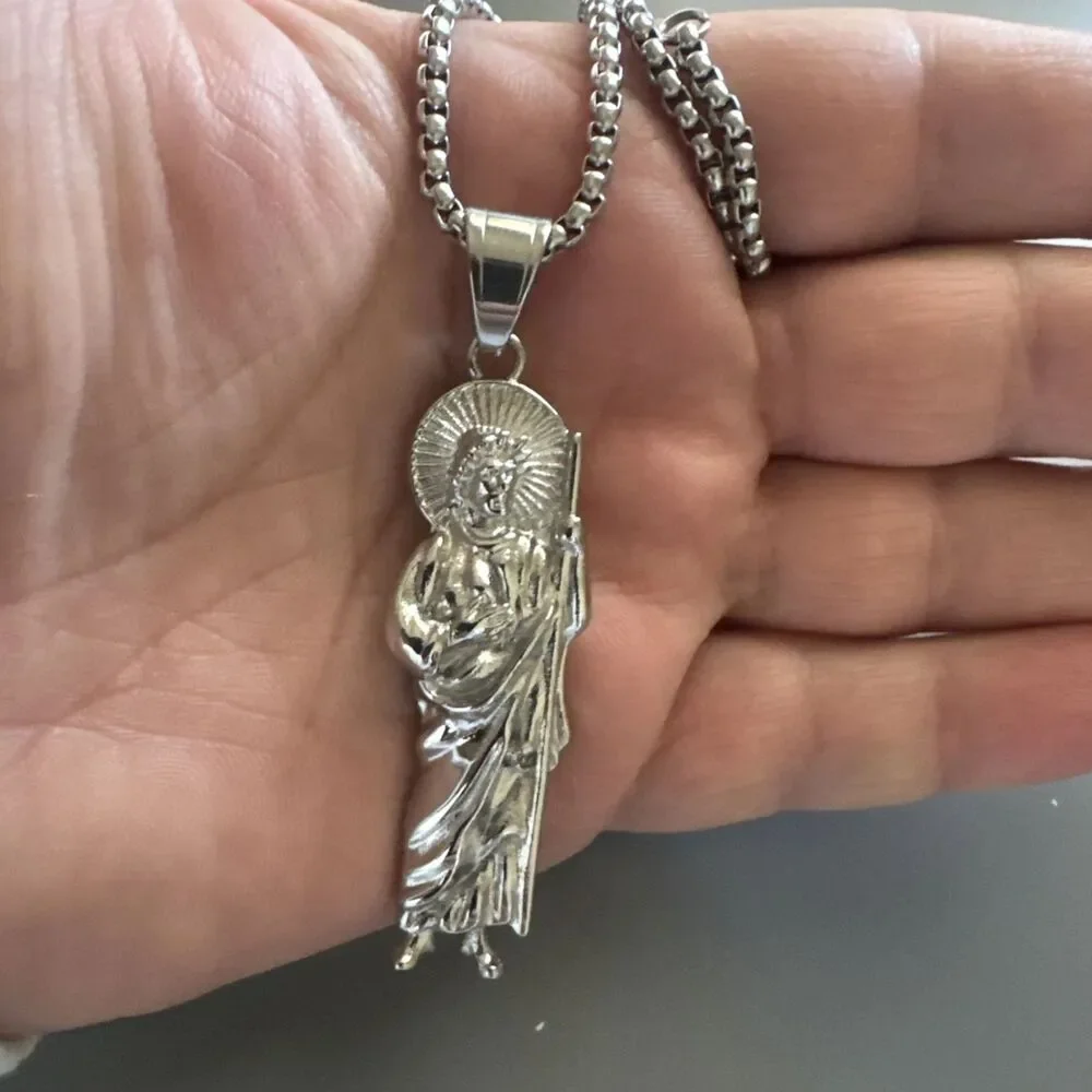 St. Jude Thaddeus Religious Pendant Silver Tone Stainless Steel 24” Chain Jesus